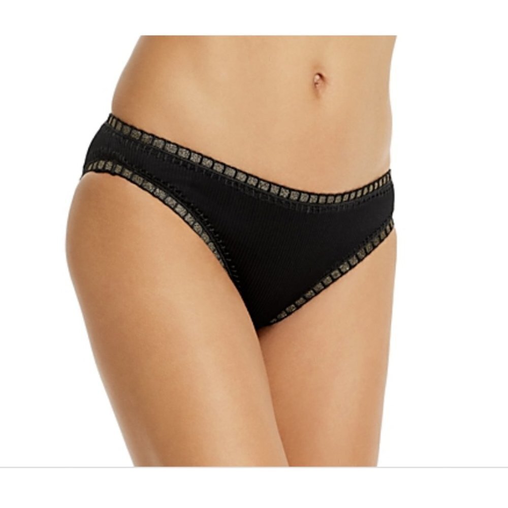 Platinum by Solange Ferrarini Ribbed High-Waist Bikini Swim Bottom Black/Gold S